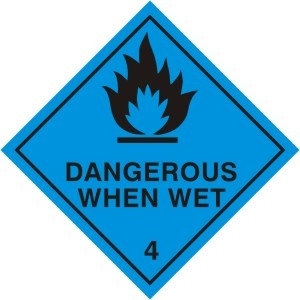 Afbeelding van Rol à 1000 gevaren etiket  blauw Vlam Dangerous when wet  (uc)