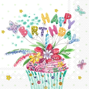 Afbeelding van Pak à 20 servetten 33x33 cm 3 laags Birthday Cupcake (uc)