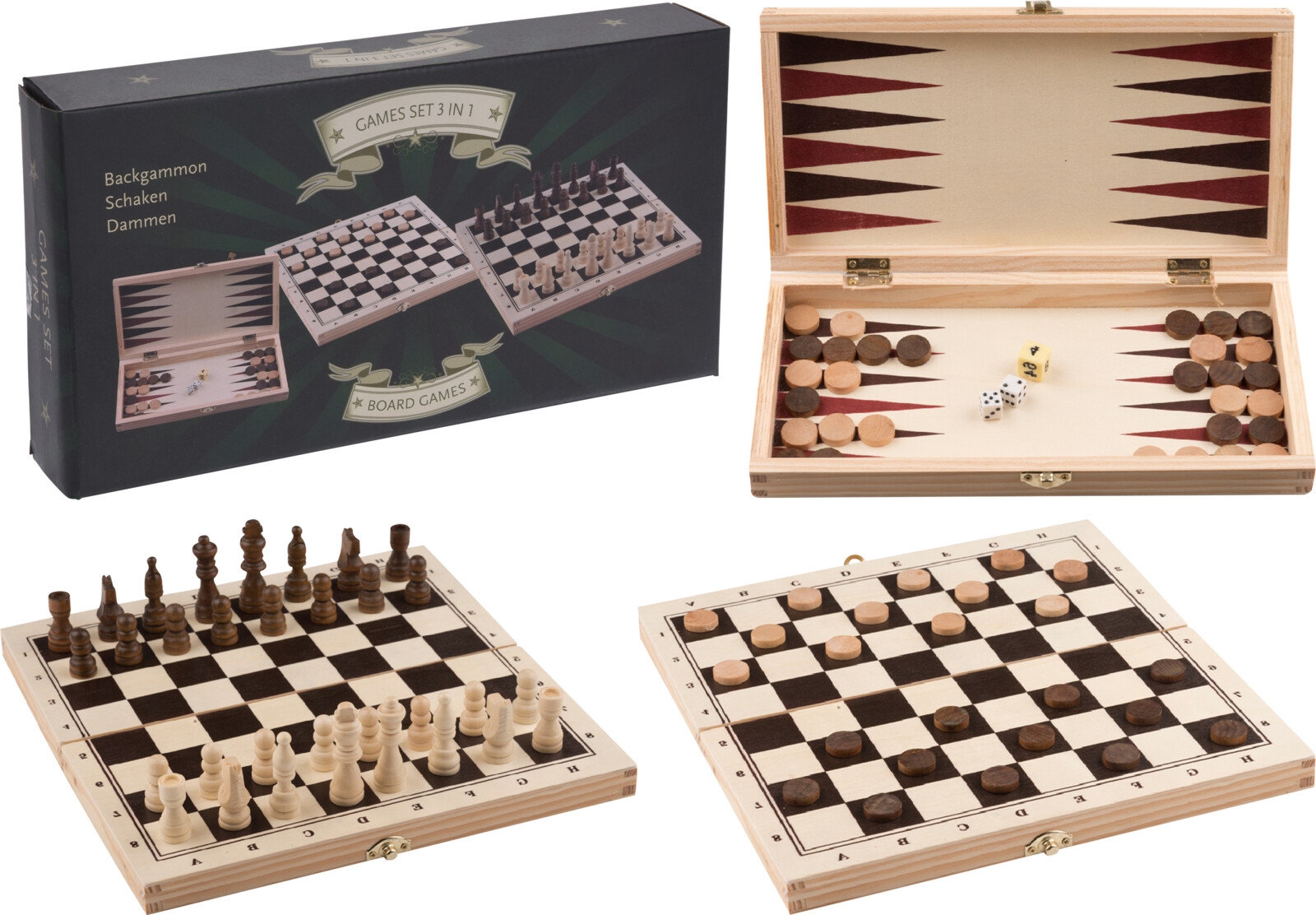 bovenstaand Verschillende goederen sneeuw Jongeneel Verpakkingen. Houten speldoos 3 in 1 dammen schaken backgammon  (ucl)
