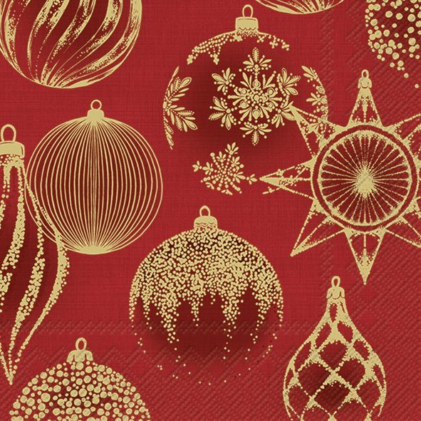 Afbeelding van Pak à 20 servetten 33x33 cm 3 laags Kerstballen rood/goud